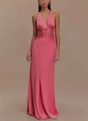 Sexy Deep V Silk Satin Patchwork Halter Waist Fitted Long Dress OY1419