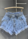 New Fashionable Tassel Rhinestone Washed Light Blue Denim Shorts