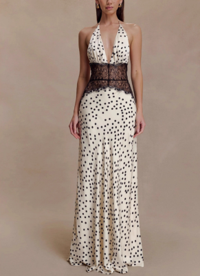 New Fashionable and Sexy Polka Dot Lace Backless Waist-cinching Long Dress