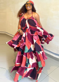 Summer New Fashionable Spaghetti Strap Ruffle Print Patchwork Dress