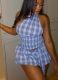 Fashionable Off-Shoulder Halter Neck Waist Pleated Plaid Skirt Set