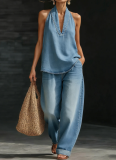 2026 Summer New Retro Distressed Washed Vest and Pants Denim Suit