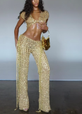 Sexy Hot Girl Hollow-out Sequined Short-sleeved Pants Set
