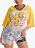 Sexy Lace See-Through Patchwork Jersey T-Shirt Short Sleeve Top