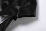 Sexy Slim Fit Stand Collar Solid Color PU Leather Short Sleeve T-Shirt