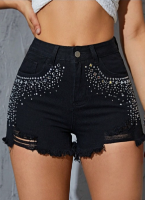 2026 Fashion Summer High-Waisted Beaded Denim Shorts