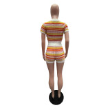 New Sexy Knitted Color-Blocked Short-Sleeve and Shorts Casual Set