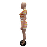 New Sexy Knitted Color-Blocked Short-Sleeve and Shorts Casual Set