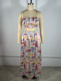 Fashion Printed Smocked Bandeau Top and Flared Skirt Set With Adjustable Straps