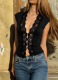 Fashion Lace Cutout Button-Front Waist-Cinching Sleeveless Vest