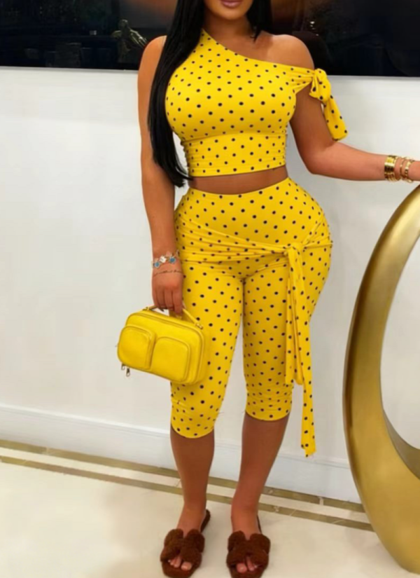 Stylish Polka Dot Print Two-Piece Set With Off-Shoulder Tie