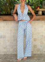 2026 Sexy V-neck Printed Backless Tank Top and Wide-leg Pants Two-Piece Set