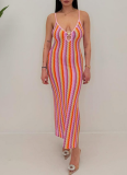 New Fashion Slim Fit Backless Yarn Striped Slip Dress