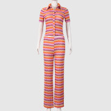 Sexy Striped Yarn-dyed Collared Button-down Short-Sleeve Top and Straight-Leg Trousers Set