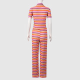 Sexy Striped Yarn-dyed Collared Button-down Short-Sleeve Top and Straight-Leg Trousers Set