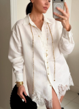 2026 Fashionable Solid Color Collared Long-Sleeve Shirt With Lace Trim Shorts Set