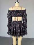 Summer Sweet Lace-Trimmed Floral Print Lantern Sleeve Strapless Shirt and Skirt Set