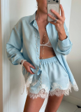 2026 Fashionable Solid Color Collared Long-Sleeve Shirt With Lace Trim Shorts Set