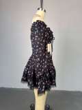 Summer Sweet Lace-Trimmed Floral Print Lantern Sleeve Strapless Shirt and Skirt Set