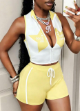 Casual Sleeveless Printed Star and Letter Zipper Top and Shorts Set