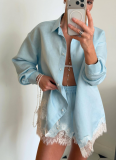2026 Fashionable Solid Color Collared Long-Sleeve Shirt With Lace Trim Shorts Set