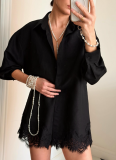 2026 Fashionable Solid Color Collared Long-Sleeve Shirt With Lace Trim Shorts Set