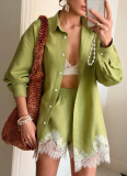 2026 Fashionable Solid Color Collared Long-Sleeve Shirt With Lace Trim Shorts Set