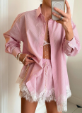 2026 Fashionable Solid Color Collared Long-Sleeve Shirt With Lace Trim Shorts Set