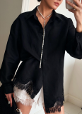 2026 Fashionable Solid Color Collared Long-Sleeve Shirt With Lace Trim Shorts Set