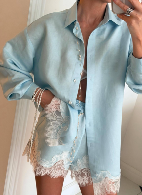 2026 Fashionable Solid Color Collared Long-Sleeve Shirt With Lace Trim Shorts Set