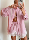 2026 Fashionable Solid Color Collared Long-Sleeve Shirt With Lace Trim Shorts Set