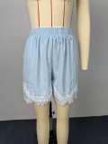 2026 Fashionable Solid Color Collared Long-Sleeve Shirt With Lace Trim Shorts Set