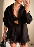 2026 Fashionable Solid Color Collared Long-Sleeve Shirt With Lace Trim Shorts Set