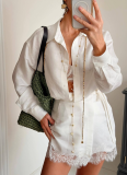 2026 Fashionable Solid Color Collared Long-Sleeve Shirt With Lace Trim Shorts Set