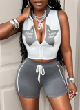 Casual Sleeveless Printed Star and Letter Zipper Top and Shorts Set
