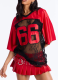 Sexy Printed Loose-fitting Sheer Lace Trim T-shirt Short-sleeved Top