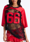 Sexy Printed Loose-fitting Sheer Lace Trim T-shirt Short-sleeved Top