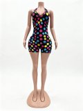 Fashion Polka-Dot Print Halter-Neck Deep V-Backless Ruched Stretch Romper