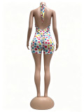 Fashion Polka-Dot Print Halter-Neck Deep V-Backless Ruched Stretch Romper