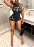 Fashionable High-Neck Printed Letter Sleeveless Mesh Jumpsuit Shorts Set