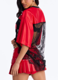 Sexy Printed Loose-fitting Sheer Lace Trim T-shirt Short-sleeved Top