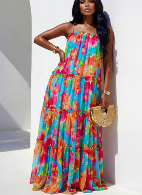 Fashionable and Fresh Lace-Trimmed Loose Printed Vacation Dress