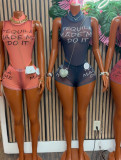 Fashionable High-Neck Printed Letter Sleeveless Mesh Jumpsuit Shorts Set