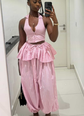 Summer New Style Striped Sleeveless Top with Lapel Collar and Wide-Leg Trousers Set