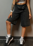2026 Casual Loose Fit Rhinestone Straight Leg Stretch Denim Shorts