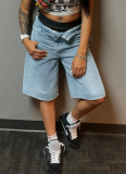 2026 Casual Loose Fit Rhinestone Straight Leg Stretch Denim Shorts
