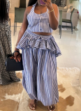 Summer New Style Striped Sleeveless Top with Lapel Collar and Wide-Leg Trousers Set