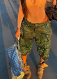 Fashion Pearl Rhinestone Camouflage Multi-Pocket Cargo Denim Shorts