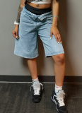 2026 Casual Loose Fit Rhinestone Straight Leg Stretch Denim Shorts