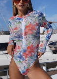 Fashionable Printed Zipper Long-Sleeved Sunscreen Mesh Bikini Swimsuit